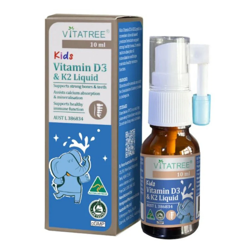 Vitatree Kids Vitamin D3 & K2 Liquid Spray 10ml children’s oral vitamin spray supporting bone growth, calcium absorption, teeth development, and overall healthy growth.