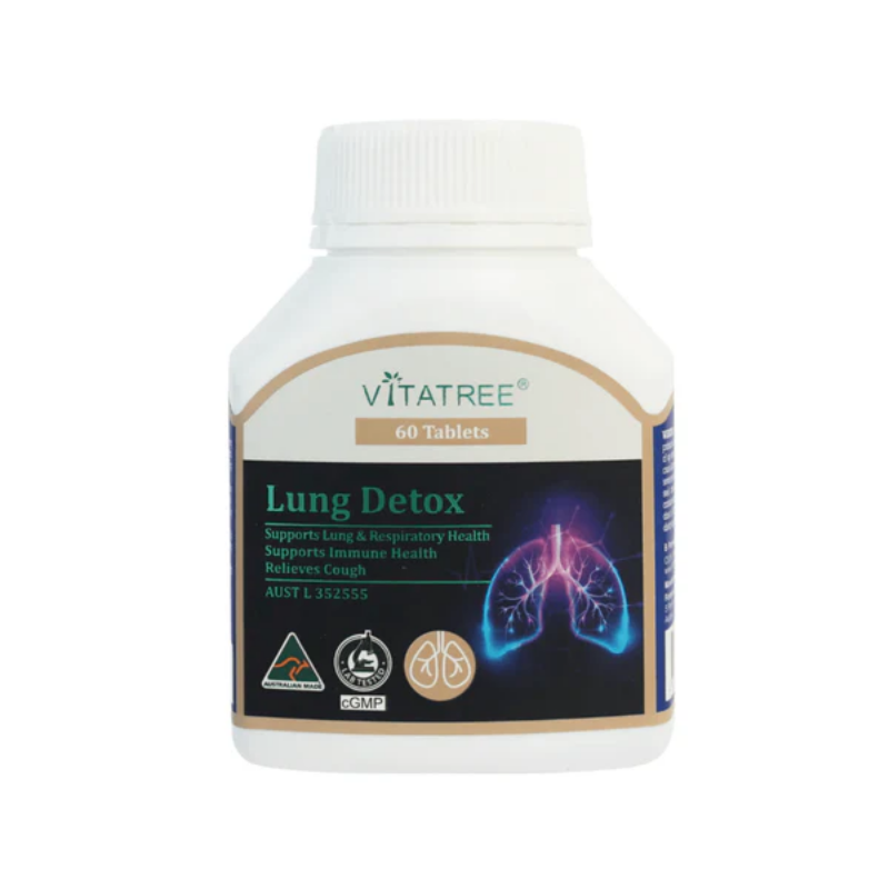 Vitatree Lung Detox 60 Capsules herbal supplement for respiratory support, lung health, and natural detox cleansing in convenient daily capsule form.