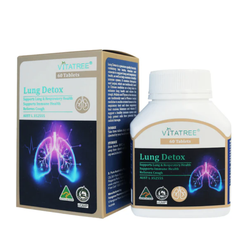 Vitatree Lung Detox 60 Capsules herbal supplement for respiratory support, lung health, and natural detox cleansing in convenient daily capsule form.
