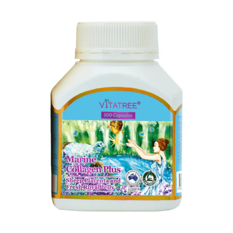 Vitatree Marine Collagen Plus 100 capsules marine collagen supplement supporting skin elasticity, hydration, anti-ageing, hair strength, and nail health for daily beauty support.