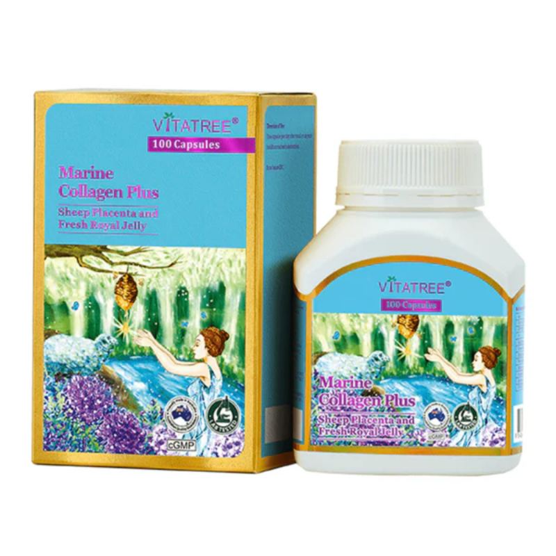 Vitatree Marine Collagen Plus 100 capsules marine collagen supplement supporting skin elasticity, hydration, anti-ageing, hair strength, and nail health for daily beauty support.