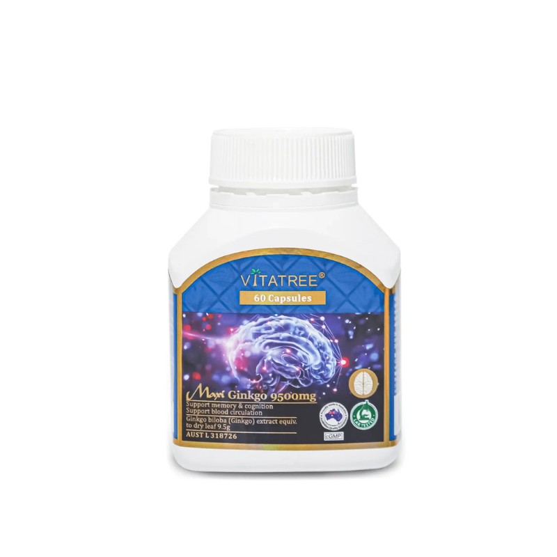 Vitatree Maxi Ginkgo 9500mg 60 Capsules herbal supplement for memory, focus, and brain health support in convenient daily capsule form.