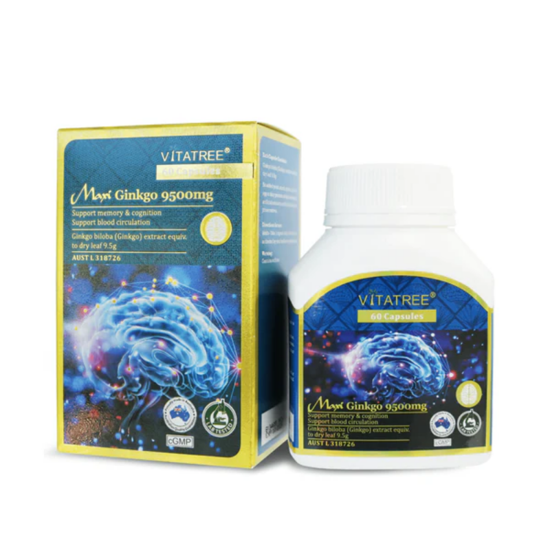 Vitatree Maxi Ginkgo 9500mg 60 Capsules herbal supplement for memory, focus, and brain health support in convenient daily capsule form.