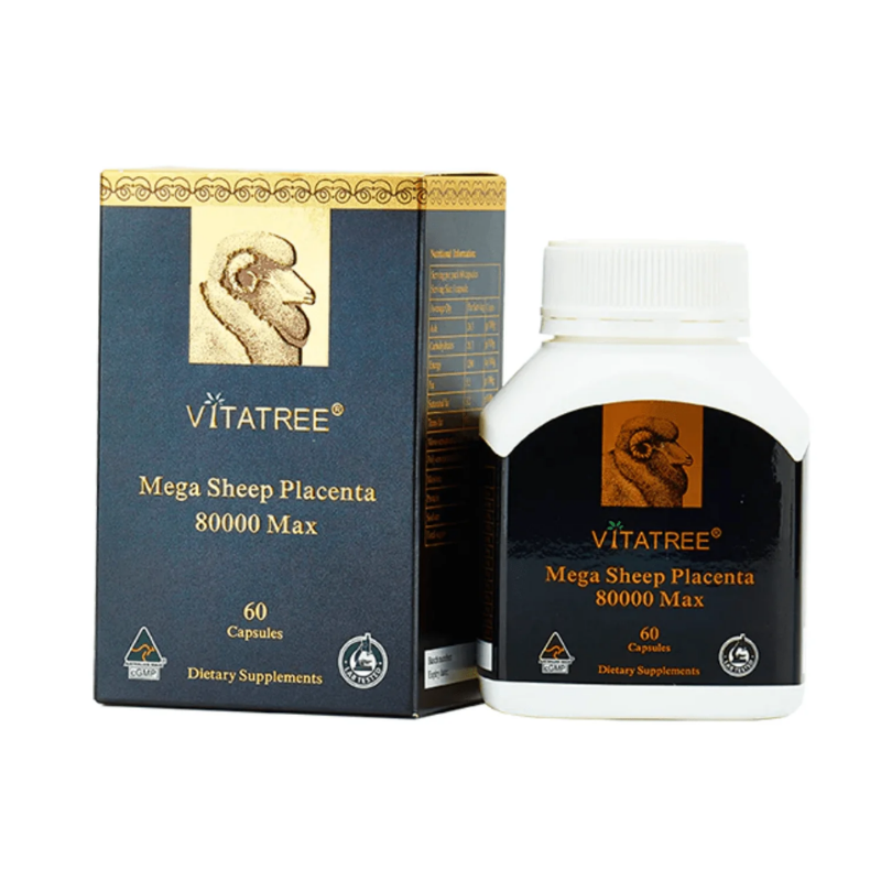 Vitatree Mega Sheep Placenta 80000 Max 60 capsules premium Australian sheep placenta supplement formulated to support healthy skin, improve skin elasticity, and promote overall beauty and wellbeing.