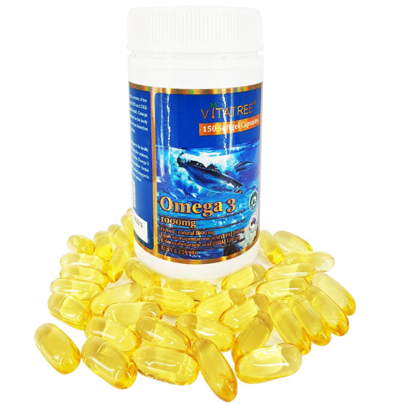 A white plastic bottle of Vita Reef Omega 3 150mg fish supplements, surrounded by a pile of translucent yellow softgel capsules on a white background.