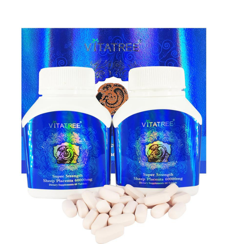 Vitatree Premium Super Strength Sheep Placenta 60000mg 60 x 2 tablets high-strength Australian beauty supplement supporting skin elasticity, hydration, regeneration, and youthful appearance.