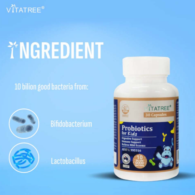 Vitatree Probiotics for Kids 30 capsules children's probiotic supplement with 10 billion CFU and 11 probiotic strains to support digestive health, gut microbiome, and immune function.