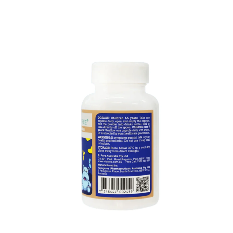 Vitatree Probiotics for Kids 30 capsules children's probiotic supplement with 10 billion CFU and 11 probiotic strains to support digestive health, gut microbiome, and immune function.