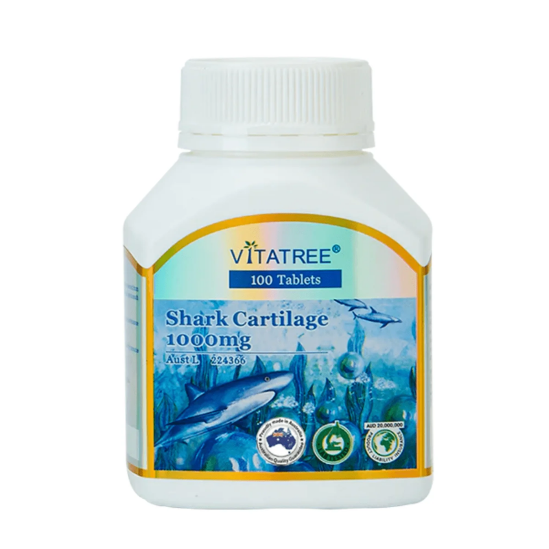 Vitatree Shark Cartilage 1000mg 2x100 tablets premium Australian supplement formulated to support joint health, bone strength, mobility, and overall musculoskeletal wellbeing.