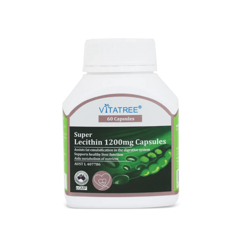 Vitatree Super Lecithin 1200mg 60 capsules dietary supplement supporting liver health, brain function, and fat metabolism with soy-derived lecithin and choline.