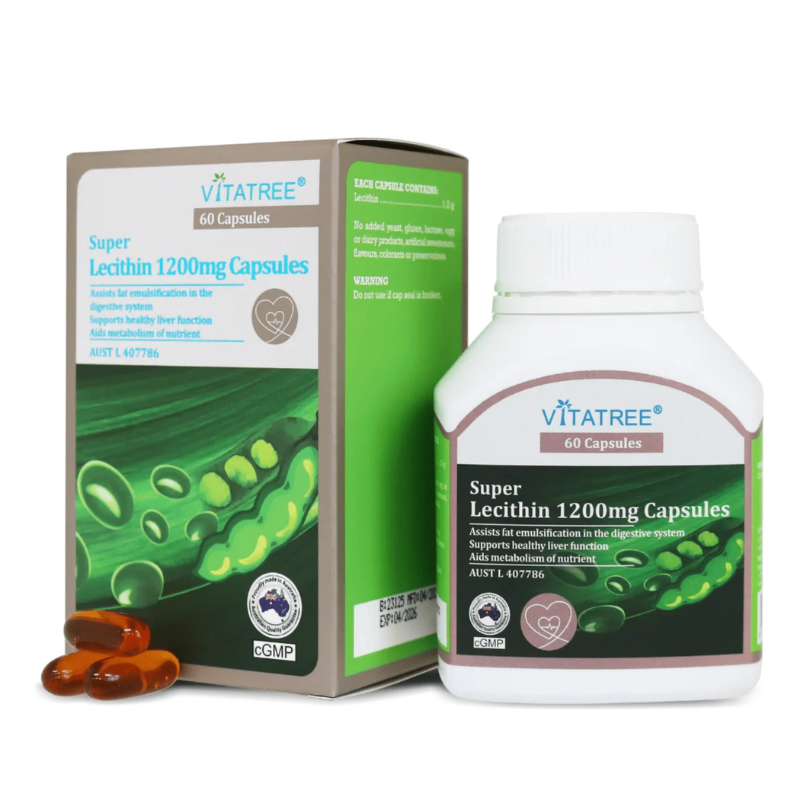 Vitatree Super Lecithin 1200mg 60 capsules dietary supplement supporting liver health, brain function, and fat metabolism with soy-derived lecithin and choline.