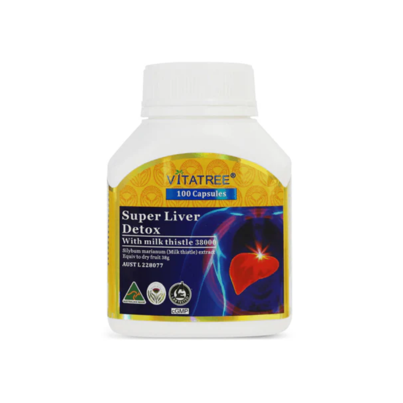 Vitatree Super Liver Detox with Milk Thistle 38000 100 capsules premium Australian liver support supplement formulated with milk thistle to support healthy liver function, detoxification, and antioxidant protection.
