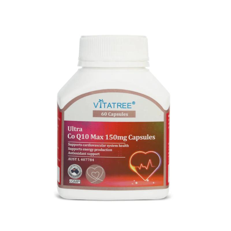 Vitatree Ultra CO Q10 Max 150mg 60 capsules high-strength Coenzyme Q10 supplement supporting heart health, cellular energy production, antioxidant protection, and healthy ageing.