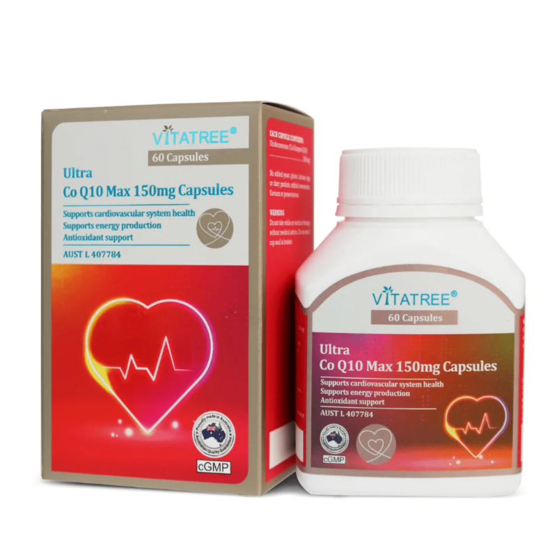 Vitatree Ultra CO Q10 Max 150mg 60 capsules high-strength Coenzyme Q10 supplement supporting heart health, cellular energy production, antioxidant protection, and healthy ageing.