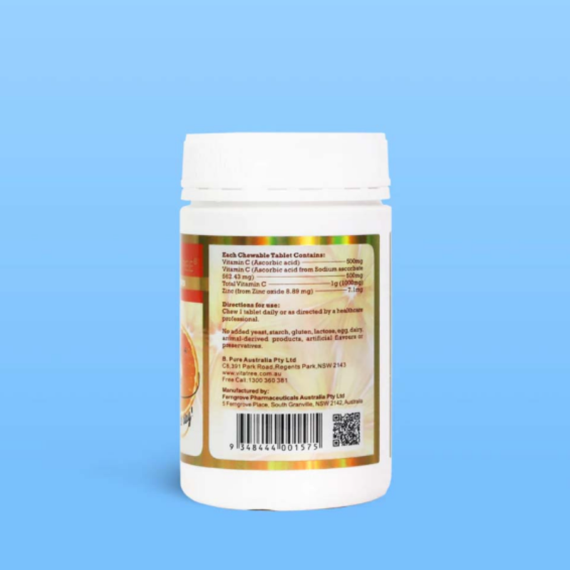 Vitatree Vitamin C 1000mg plus Zinc 100 tablets immune support supplement helping to support immune system health, antioxidant protection, and daily wellness.