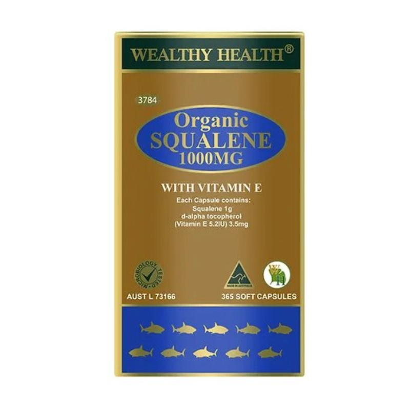 Wealthy Health Organic Squalene 1000mg with Vitamin E 365 Capsules premium Australian dietary supplement with organic squalene and vitamin E in soft capsules.