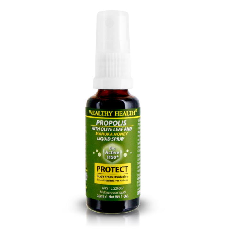 Wealthy Health Propolis Liquid Spray with Olive Leaf and Manuka Honey 30ml premium Australian propolis spray for immune support, sore throat relief, and oral health.