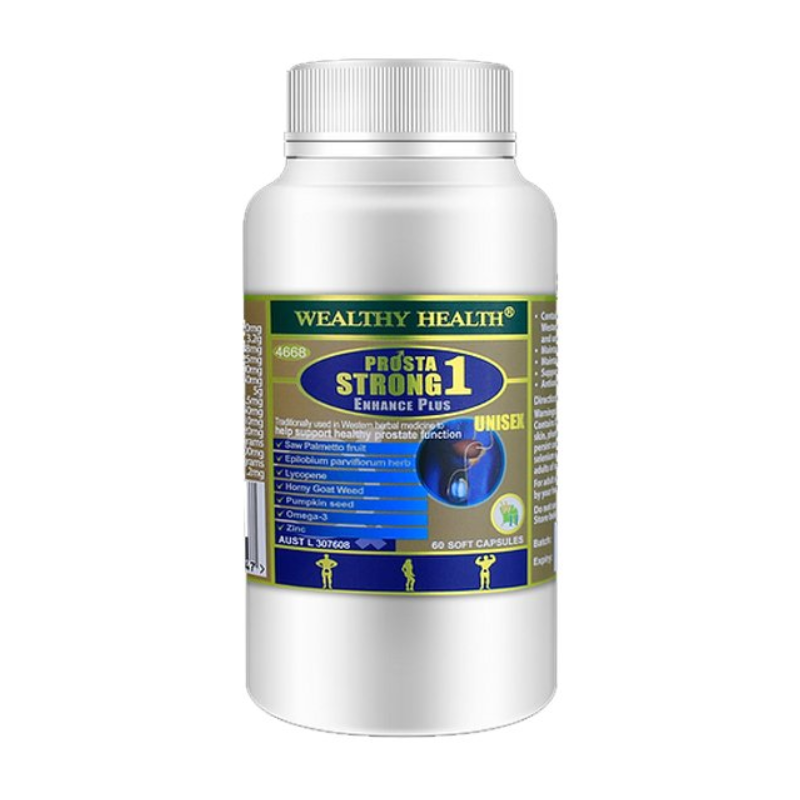Wealthy Health Prosta Strong 1 Enhance Plus 60 Capsules premium Australian dietary supplement in easy-to-swallow capsules.