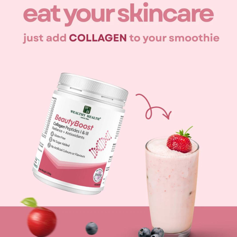 Wealthy Health Beauty Boost Collagen Peptides I & III Powder 250g premium Australian collagen supplement supporting healthy skin, hair, nails, and joint health.