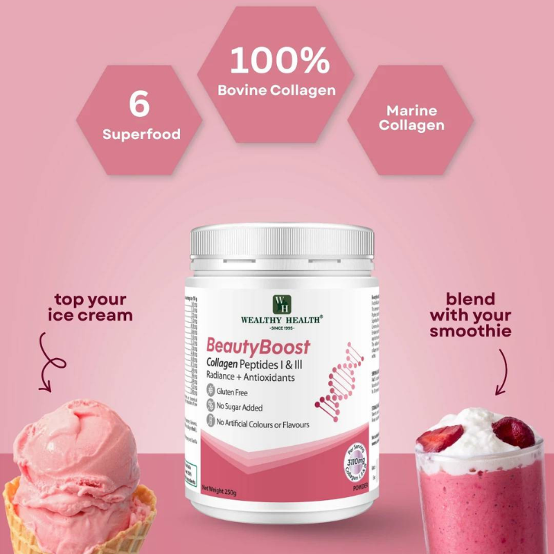 Wealthy Health Beauty Boost Collagen Peptides I & III Powder 250g premium Australian collagen supplement supporting healthy skin, hair, nails, and joint health.