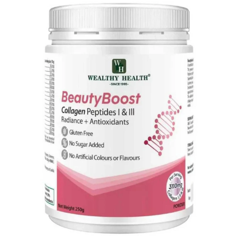Wealthy Health Beauty Boost Collagen Peptides I & III Powder 250g premium Australian collagen supplement supporting healthy skin, hair, nails, and joint health.