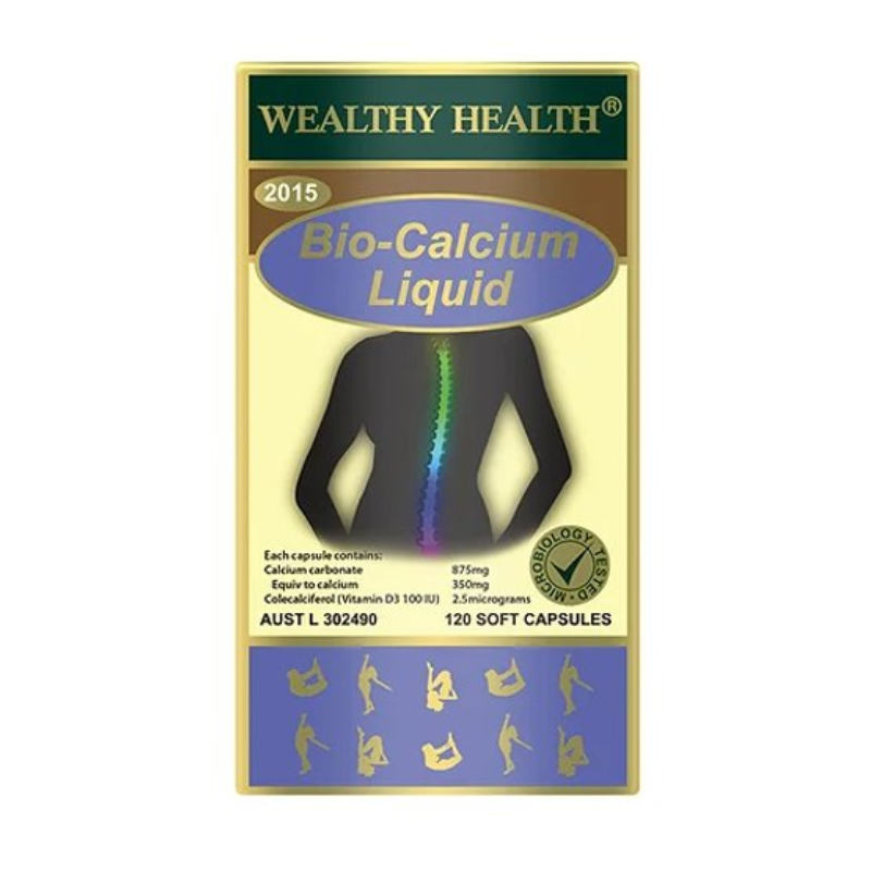 Wealthy Health Bio-Calcium Liquid 120 Capsules premium Australian liquid calcium dietary supplement in easy-to-swallow soft capsules.