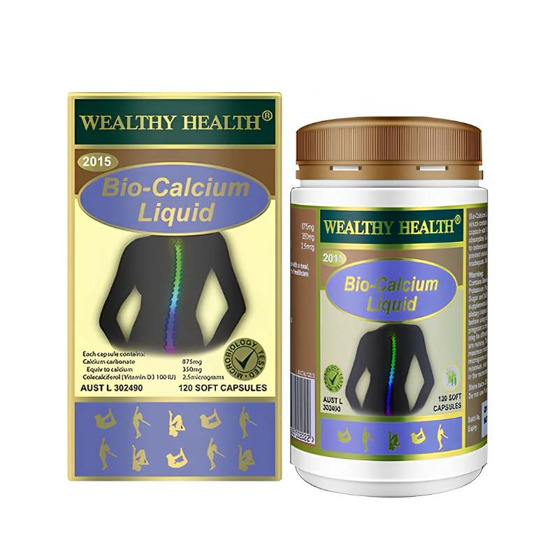Wealthy Health Bio-Calcium Liquid 120 Capsules premium Australian liquid calcium dietary supplement in easy-to-swallow soft capsules.