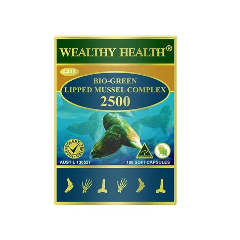Wealthy Health Bio Green Lipped Mussel Complex 2500 180 Capsules premium Australian green lipped mussel dietary supplement.