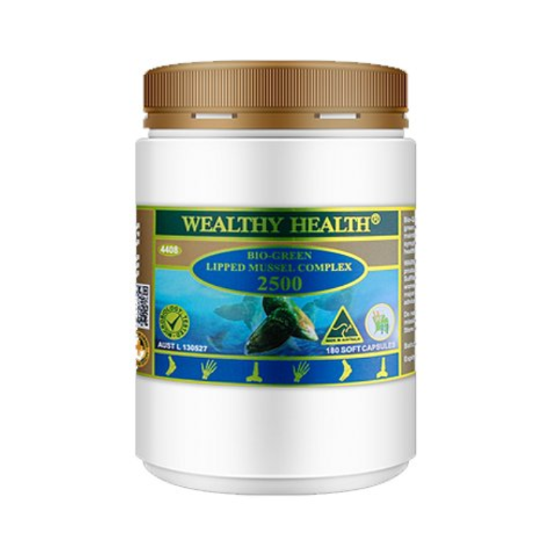 Wealthy Health Bio Green Lipped Mussel Complex 2500 180 Capsules premium Australian green lipped mussel dietary supplement.