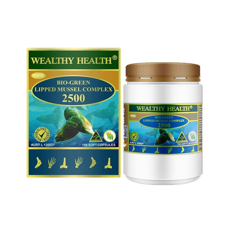 Wealthy Health Bio Green Lipped Mussel Complex 2500 180 Capsules premium Australian green lipped mussel dietary supplement.
