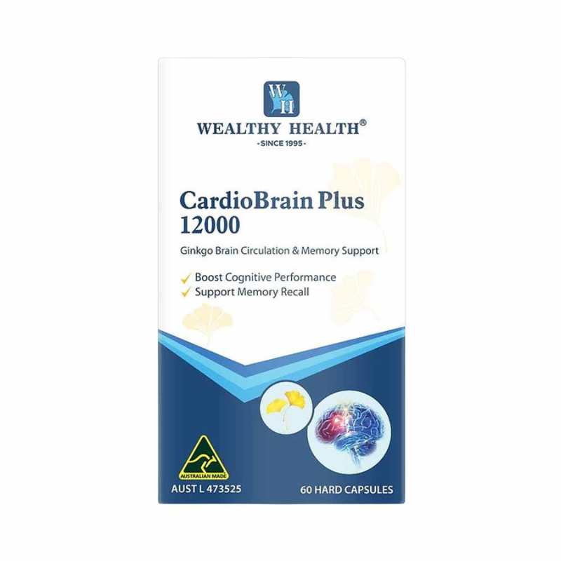 Wealthy Health CardioBrain Plus 12000 60 Hard Capsules premium Australian dietary supplement in hard capsule format.