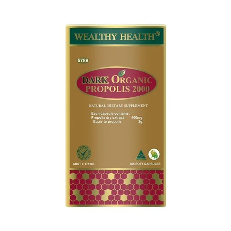 Wealthy Health Dark Organic Propolis 2000 365 Capsules premium Australian propolis supplement with organic propolis extract in a convenient daily capsule format.