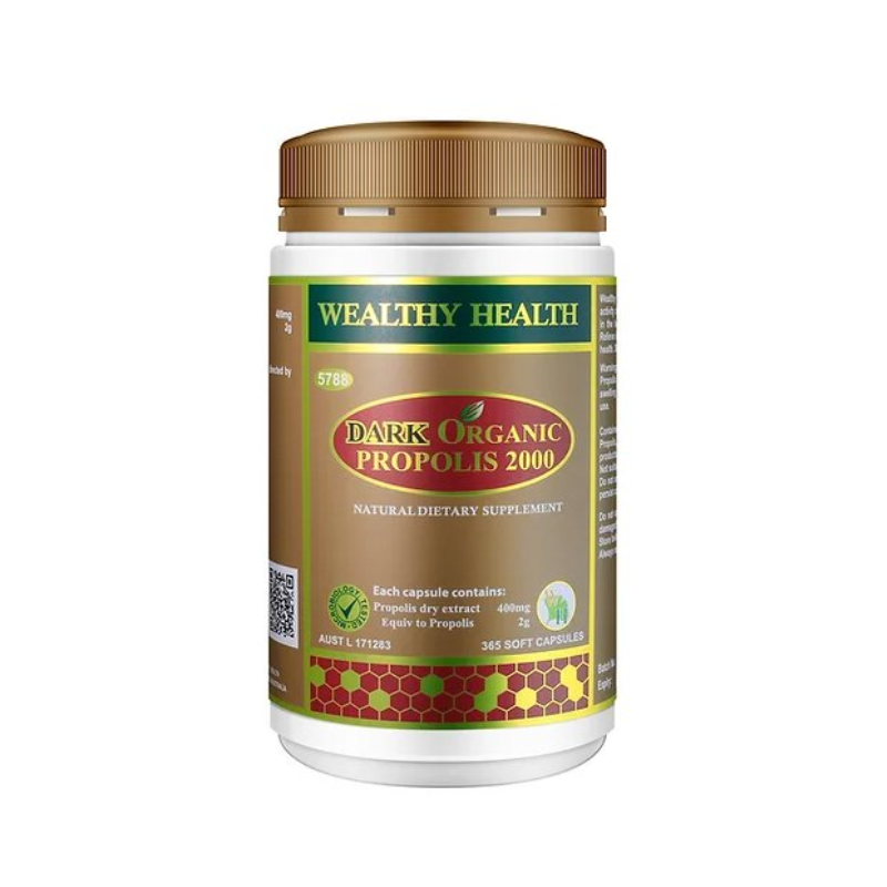 Wealthy Health Dark Organic Propolis 2000 365 Capsules premium Australian propolis supplement with organic propolis extract in a convenient daily capsule format.
