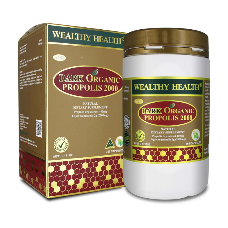Wealthy Health Dark Organic Propolis 2000 365 Capsules premium Australian propolis supplement with organic propolis extract in a convenient daily capsule format.