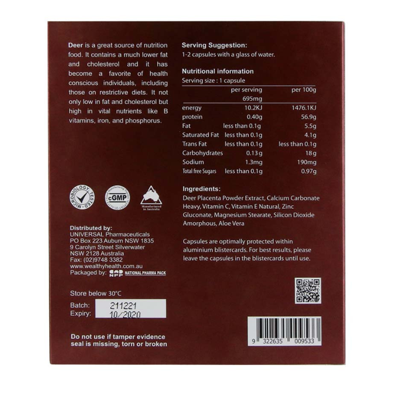 Wealthy Health Deer Placental 50000 60 Capsules Australian deer placenta supplement supporting healthy ageing, skin vitality, and overall wellbeing.