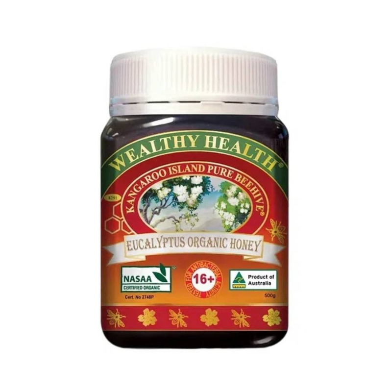 Wealthy Health Eucalyptus Organic Honey 500g premium Australian organic eucalyptus honey with a rich natural flavour for everyday enjoyment.