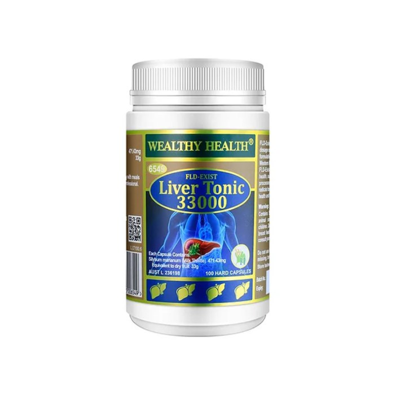 Wealthy Health FLD-Exist Liver Tonic 33000 100 Capsules premium Australian milk thistle supplement supporting liver health, detoxification, and antioxidant protection.