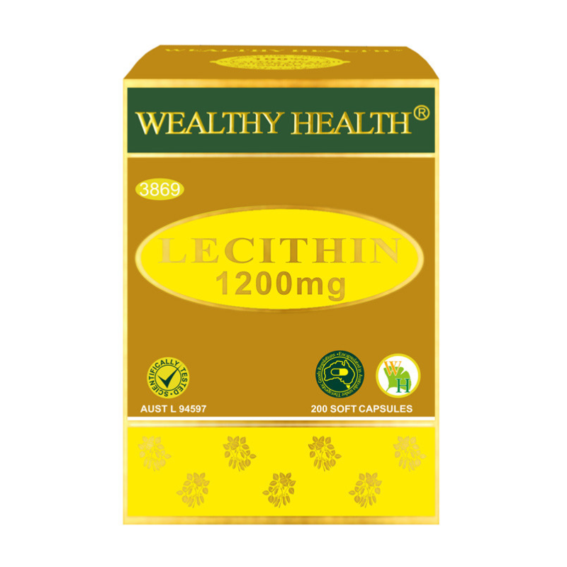 Wealthy Health Lecithin 1200mg 200 Capsules premium Australian lecithin dietary supplement in easy-to-swallow capsules.