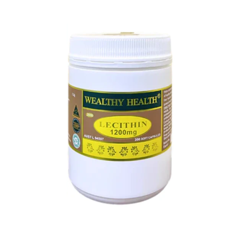 Wealthy Health Lecithin 1200mg 200 Capsules premium Australian lecithin dietary supplement in easy-to-swallow capsules.