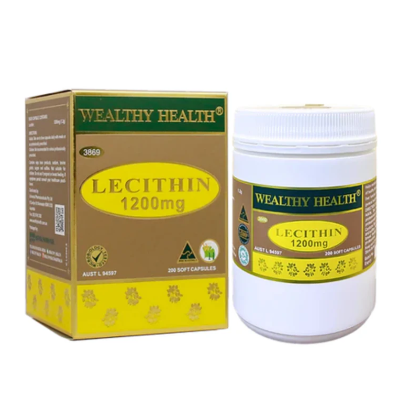 Wealthy Health Lecithin 1200mg 200 Capsules premium Australian lecithin dietary supplement in easy-to-swallow capsules.
