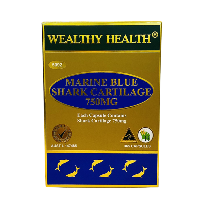 Wealthy Health Marine Blue Shark Cartilage 750mg 365 Capsules premium Australian shark cartilage dietary supplement in an easy-to-take capsule format.