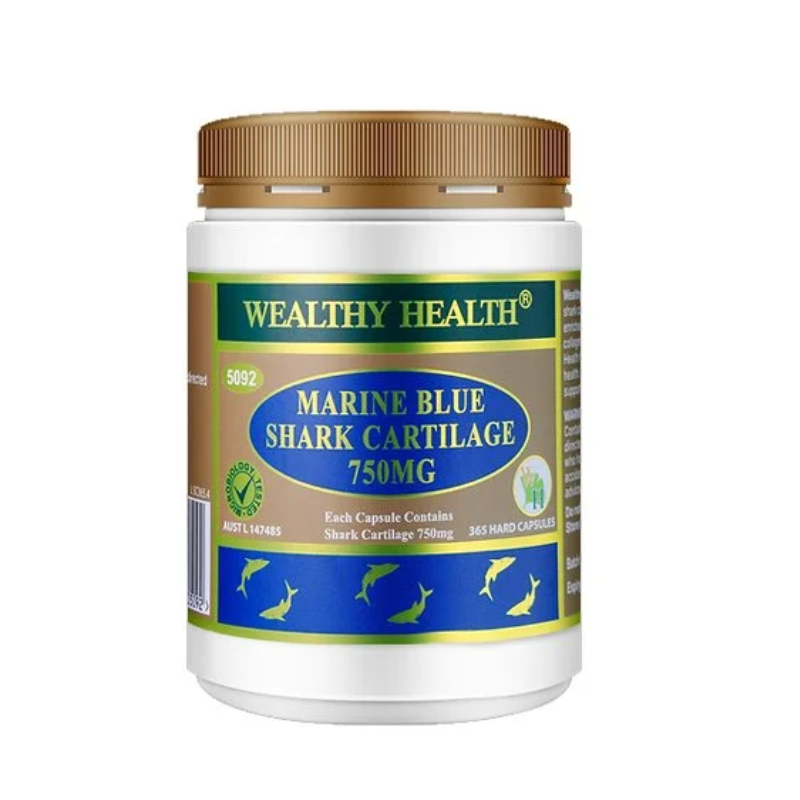 Wealthy Health Marine Blue Shark Cartilage 750mg 365 Capsules premium Australian shark cartilage dietary supplement in an easy-to-take capsule format.