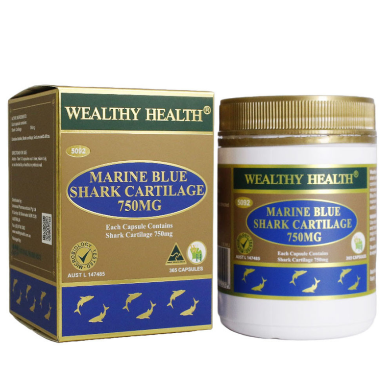 Wealthy Health Marine Blue Shark Cartilage 750mg 365 Capsules premium Australian shark cartilage dietary supplement in an easy-to-take capsule format.