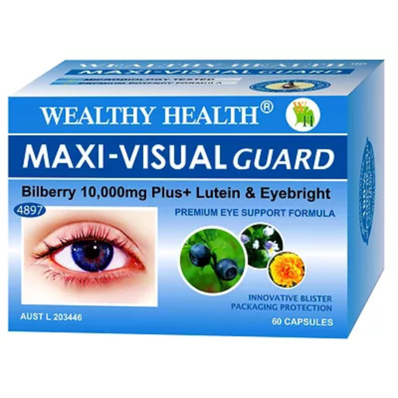 Wealthy Health Maxi Visual Guard Bilberry 10000 Plus 60 Capsules eye health supplement with bilberry, lutein, fish oil, and antioxidants to support vision and macular health.