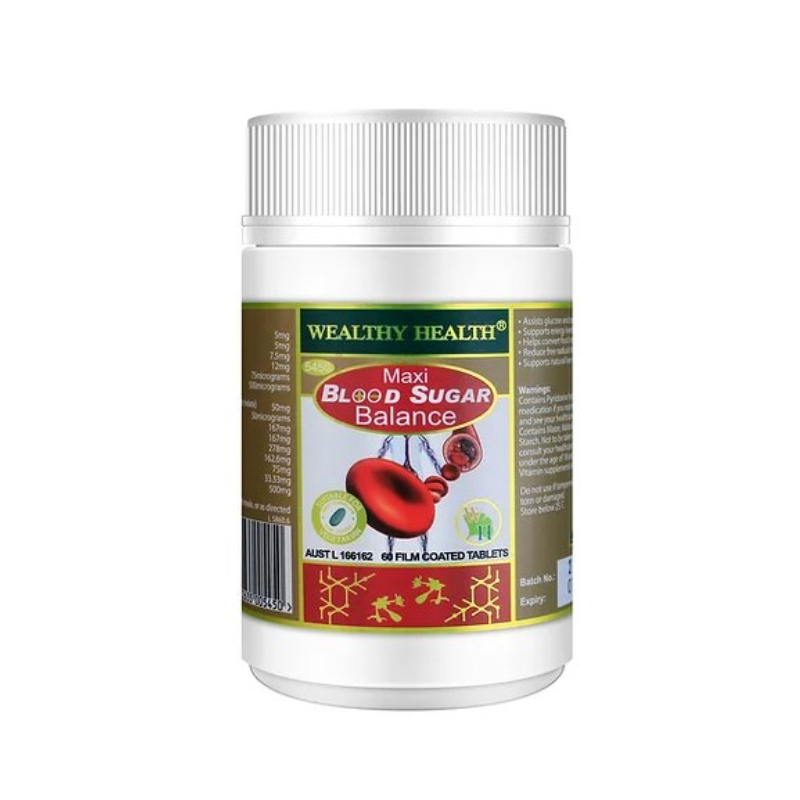 Wealthy Health Maxi Blood Sugar Balance 60 Tablets premium Australian dietary supplement in an easy-to-take tablet format for everyday nutritional supplementation.