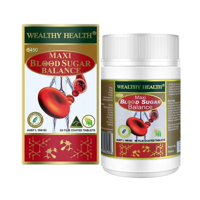 Wealthy Health Maxi Blood Sugar Balance 60 Tablets premium Australian dietary supplement in an easy-to-take tablet format for everyday nutritional supplementation.