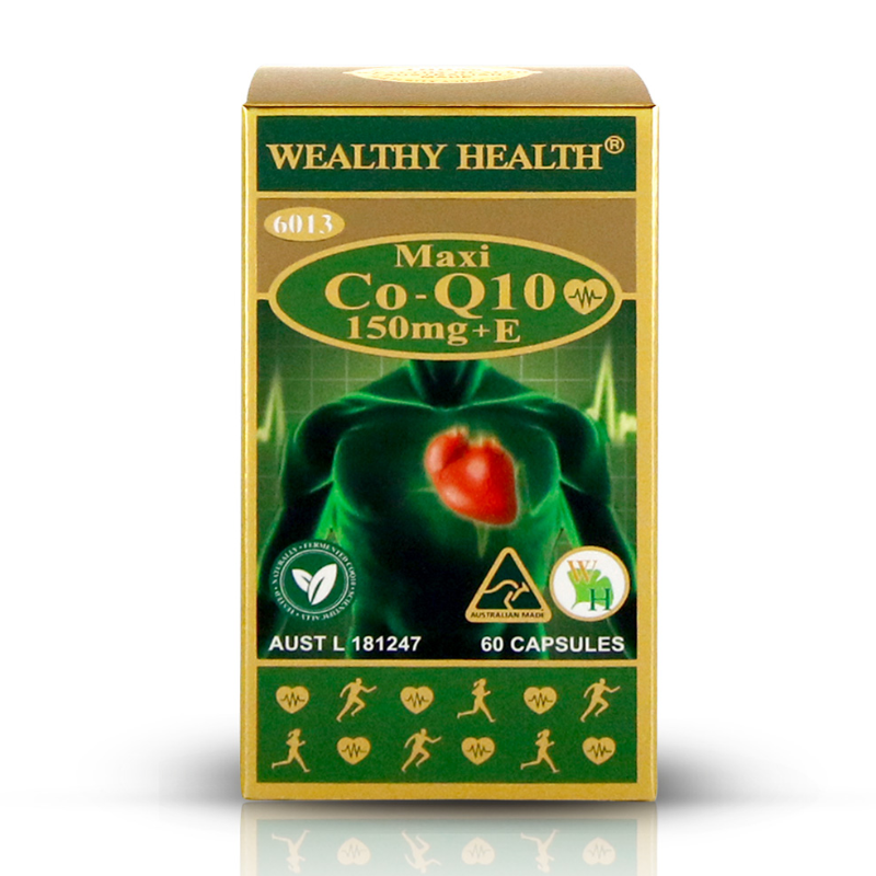 Wealthy Health Maxi Coenzyme Q10 150mg plus Vitamin E 60 Capsules premium Australian dietary supplement in an easy-to-take capsule format.