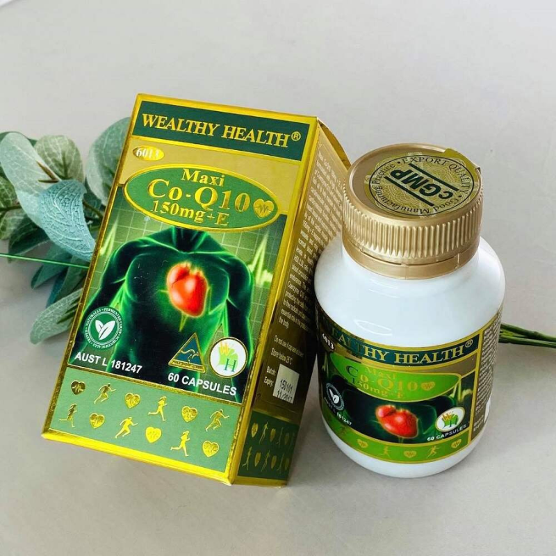 Wealthy Health Maxi Coenzyme Q10 150mg plus Vitamin E 60 Capsules premium Australian dietary supplement in an easy-to-take capsule format.