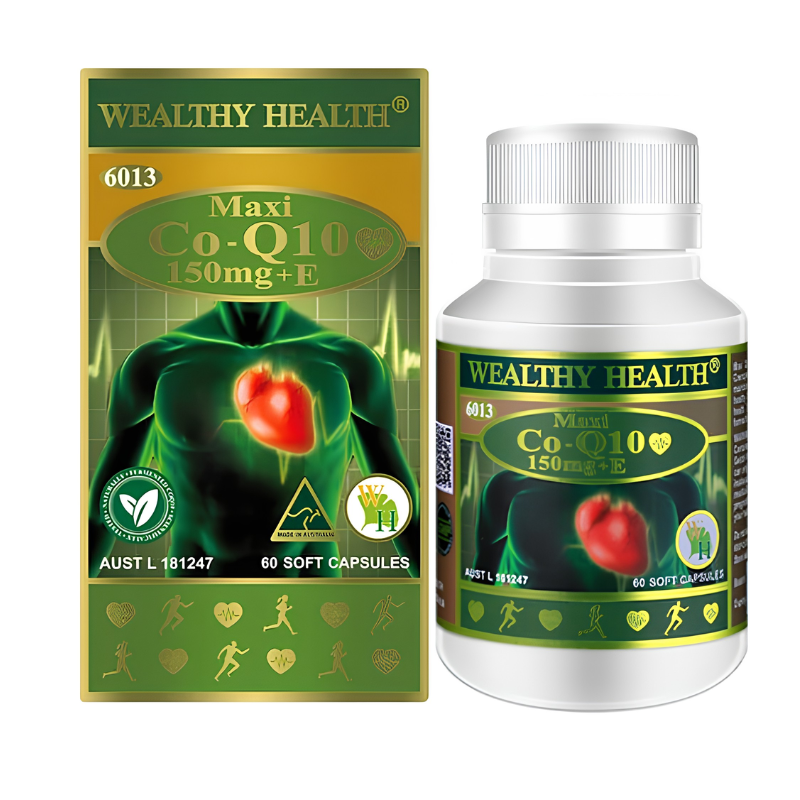 Wealthy Health Maxi Coenzyme Q10 150mg plus Vitamin E 60 Capsules premium Australian dietary supplement in an easy-to-take capsule format.