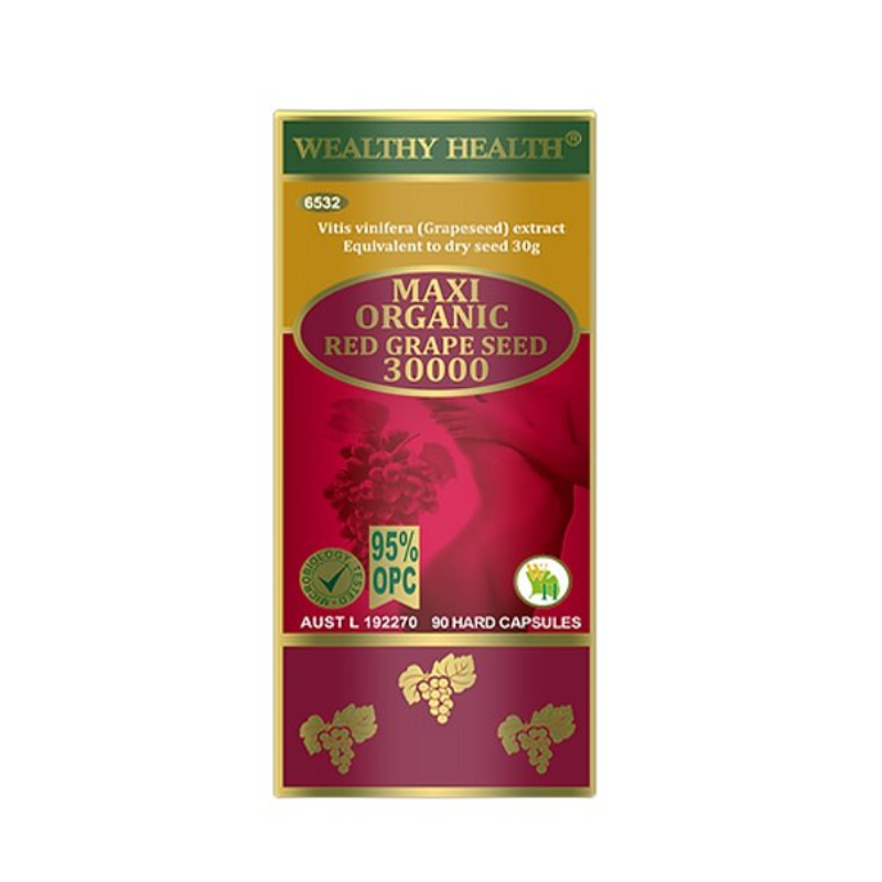 Wealthy Health Maxi Organic Red Grape Seed 30000 90 Capsules premium Australian grape seed dietary supplement in easy-to-swallow capsules.